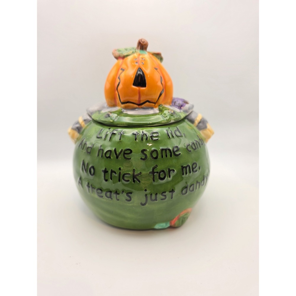 Pumpkin Head Rhyming Green Treat Jar Candy Halloween 6" Canister Ceramic Vigor